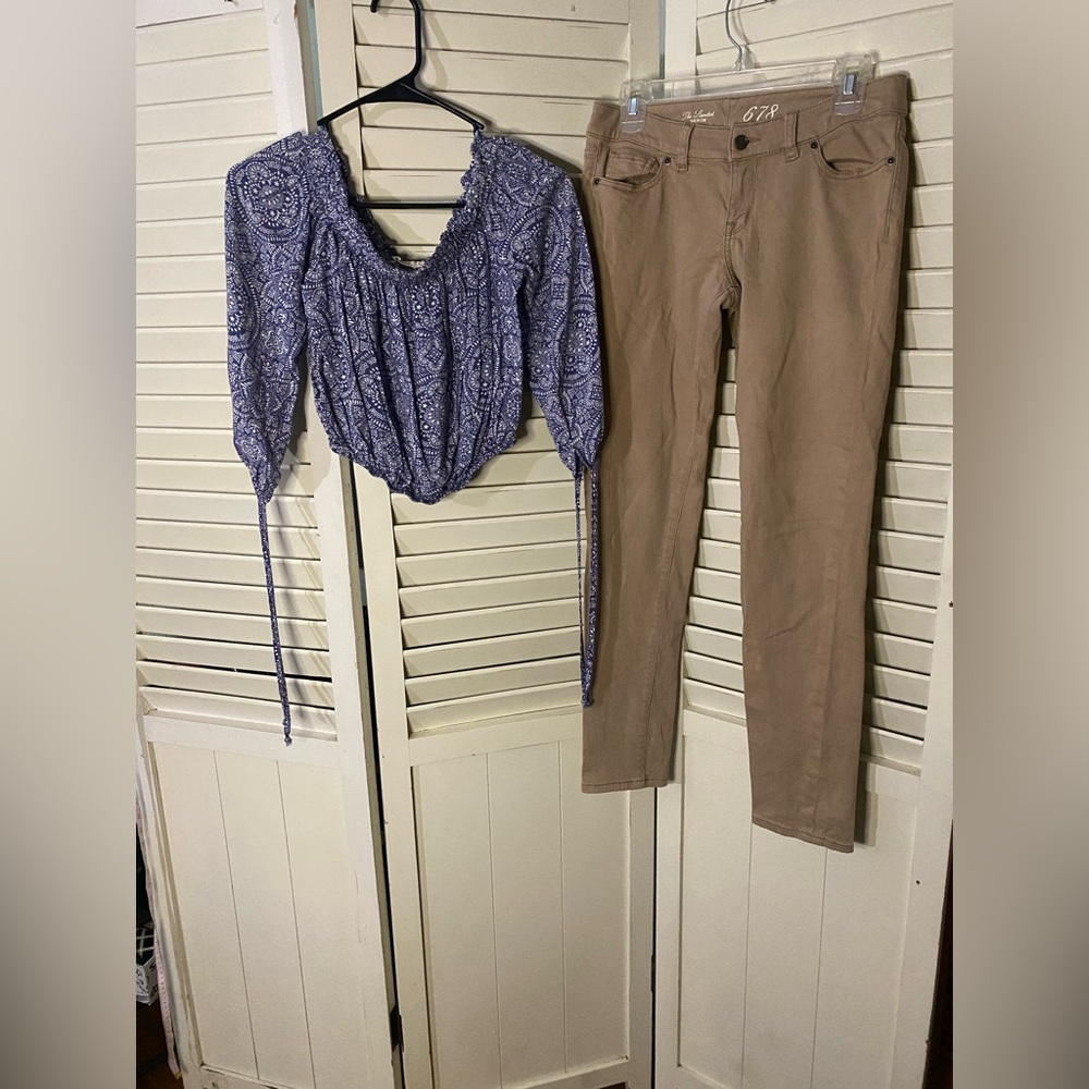 Two piece outfit including The Limited khaki jeans and a Live To Be Spoiled top